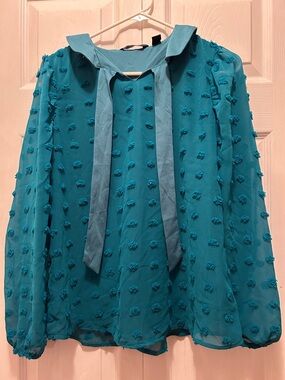 Studio Teal Textured Tie-Neck Blouse
